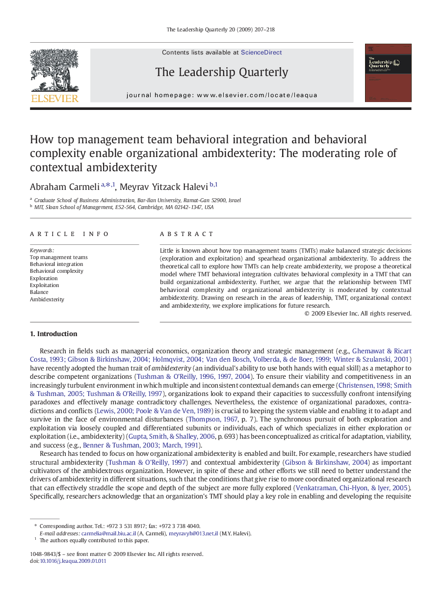 How top management team behavioral integration and behavioral complexity enable organizational ambidexterity: The moderating role of contextual ambidexterity