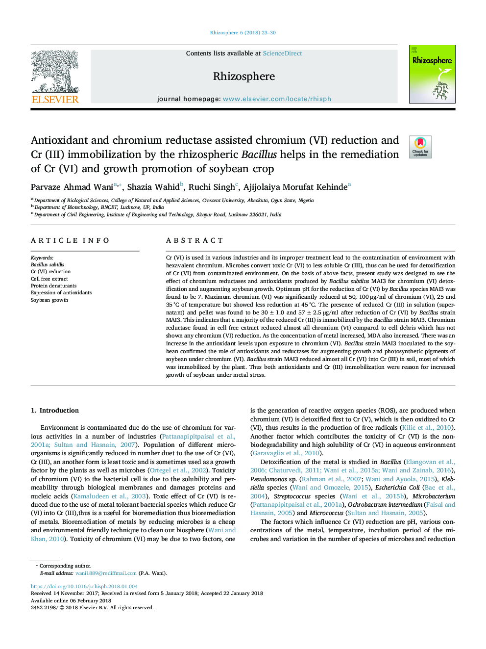 Antioxidant and chromium reductase assisted chromium (VI) reduction and Cr (III) immobilization by the rhizospheric Bacillus helps in the remediation of Cr (VI) and growth promotion of soybean crop