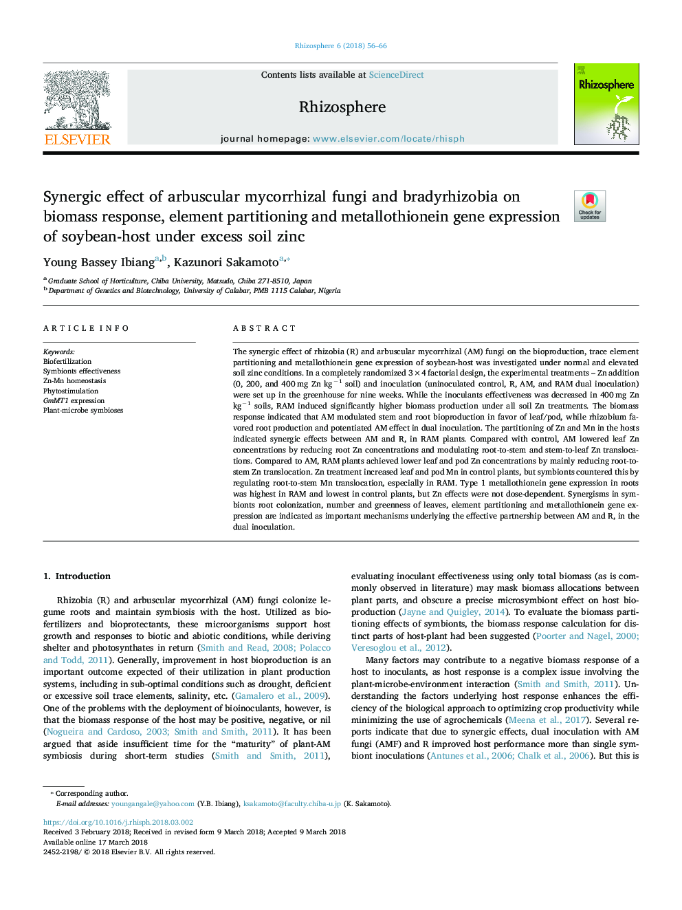 Synergic effect of arbuscular mycorrhizal fungi and bradyrhizobia on biomass response, element partitioning and metallothionein gene expression of soybean-host under excess soil zinc