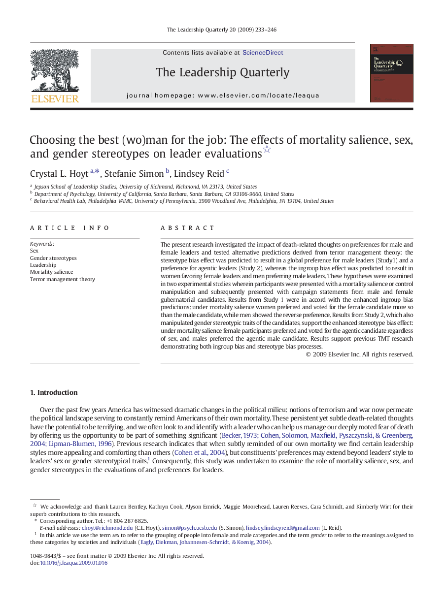 Choosing the best (wo)man for the job: The effects of mortality salience, sex, and gender stereotypes on leader evaluations 