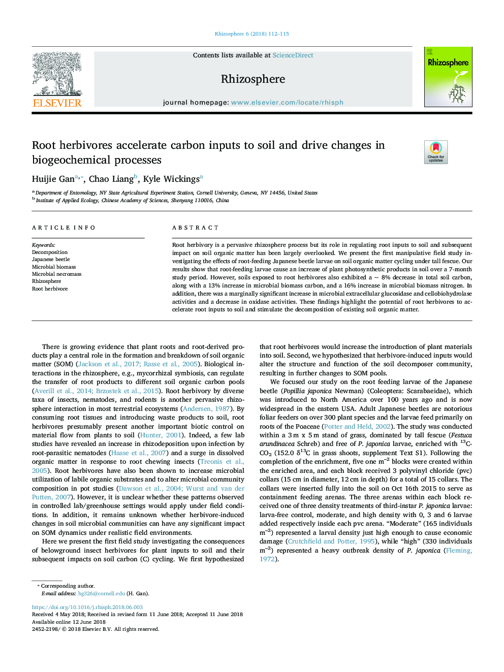 Root herbivores accelerate carbon inputs to soil and drive changes in biogeochemical processes