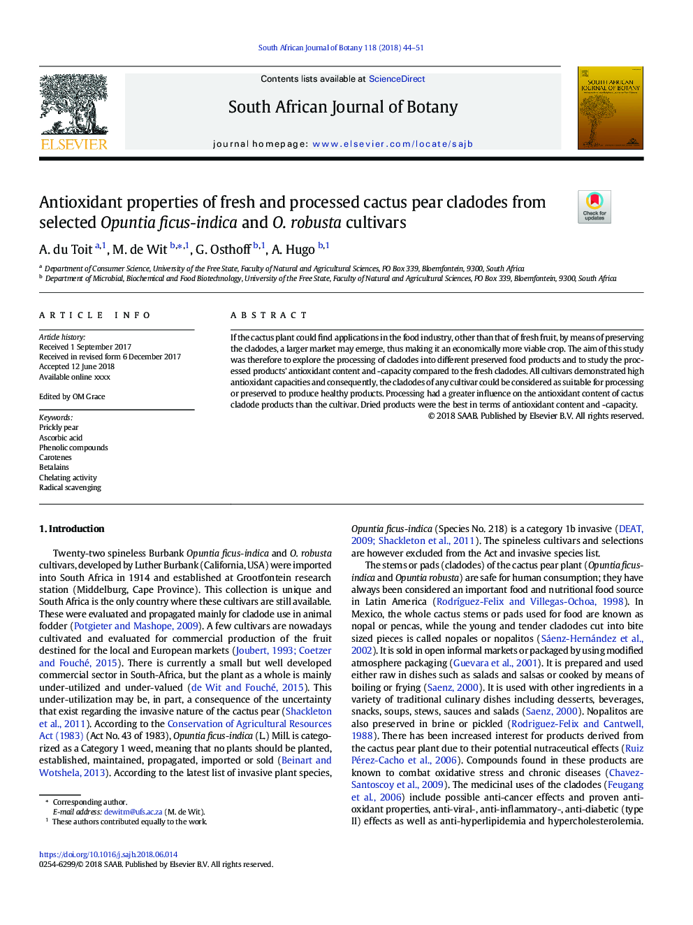 Antioxidant properties of fresh and processed cactus pear cladodes from selected Opuntia ficus-indica and O. robusta cultivars