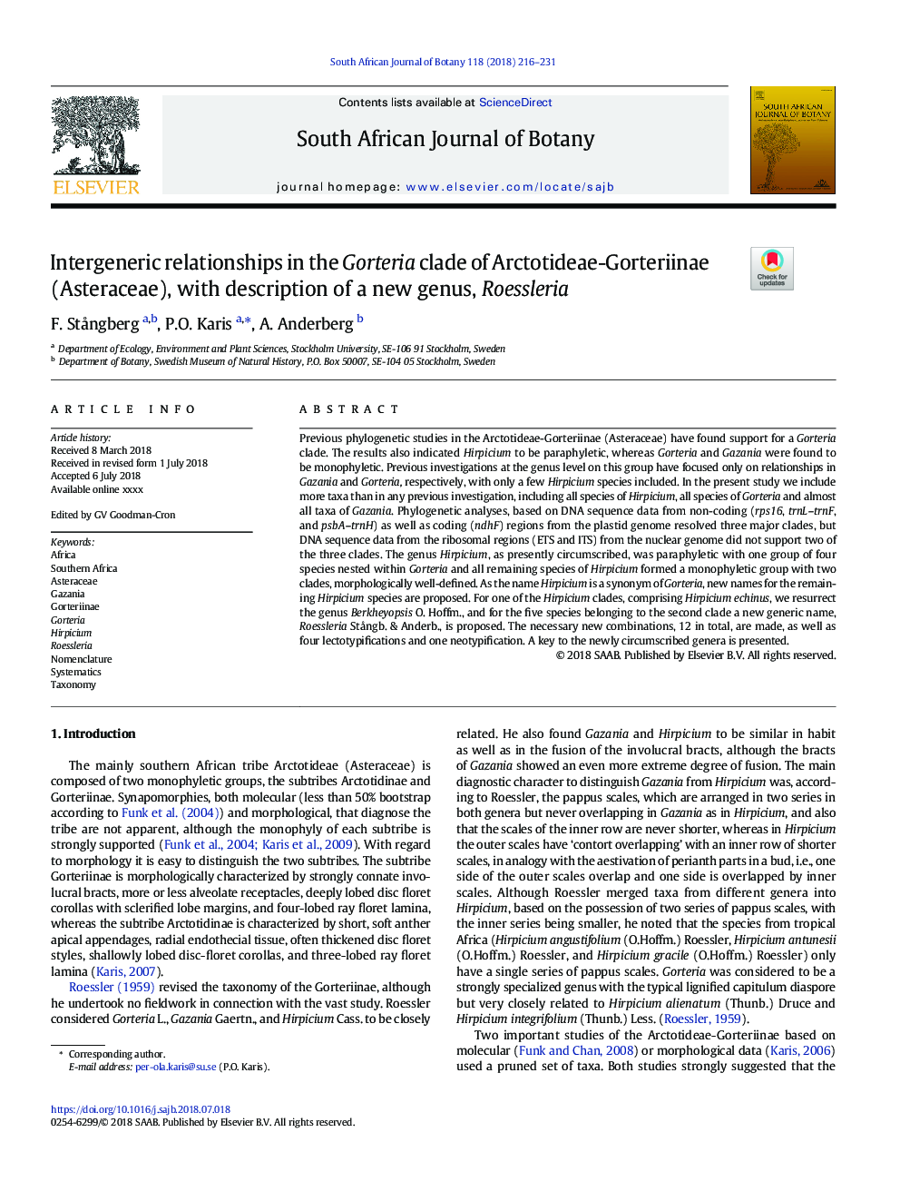 Intergeneric relationships in the Gorteria clade of Arctotideae-Gorteriinae (Asteraceae), with description of a new genus, Roessleria