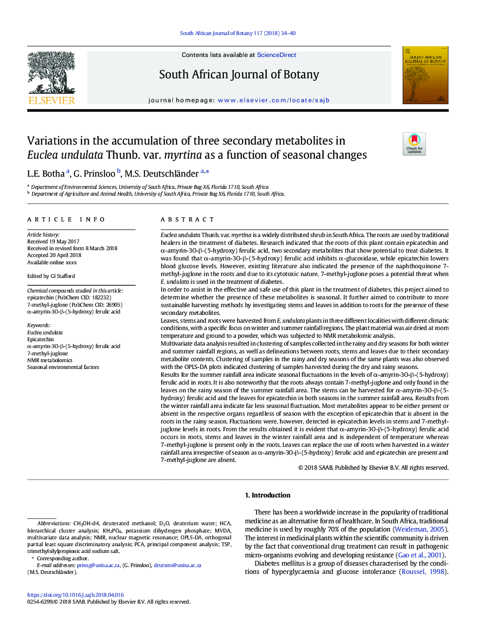 Variations in the accumulation of three secondary metabolites in Euclea undulata Thunb. var. myrtina as a function of seasonal changes