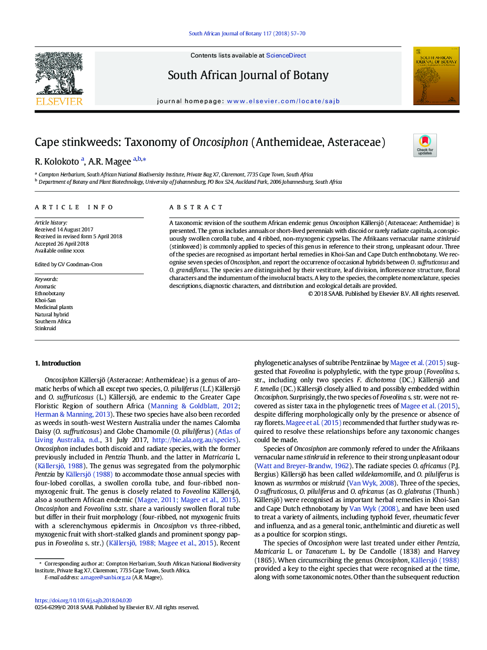 Cape stinkweeds: Taxonomy of Oncosiphon (Anthemideae, Asteraceae)