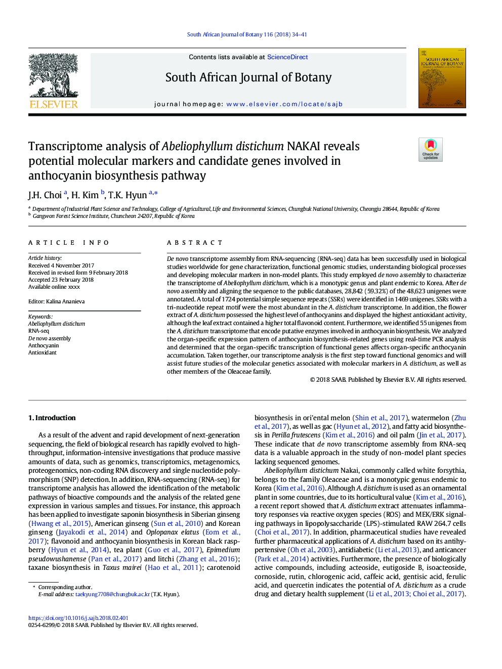 Transcriptome analysis of Abeliophyllum distichum NAKAI reveals potential molecular markers and candidate genes involved in anthocyanin biosynthesis pathway