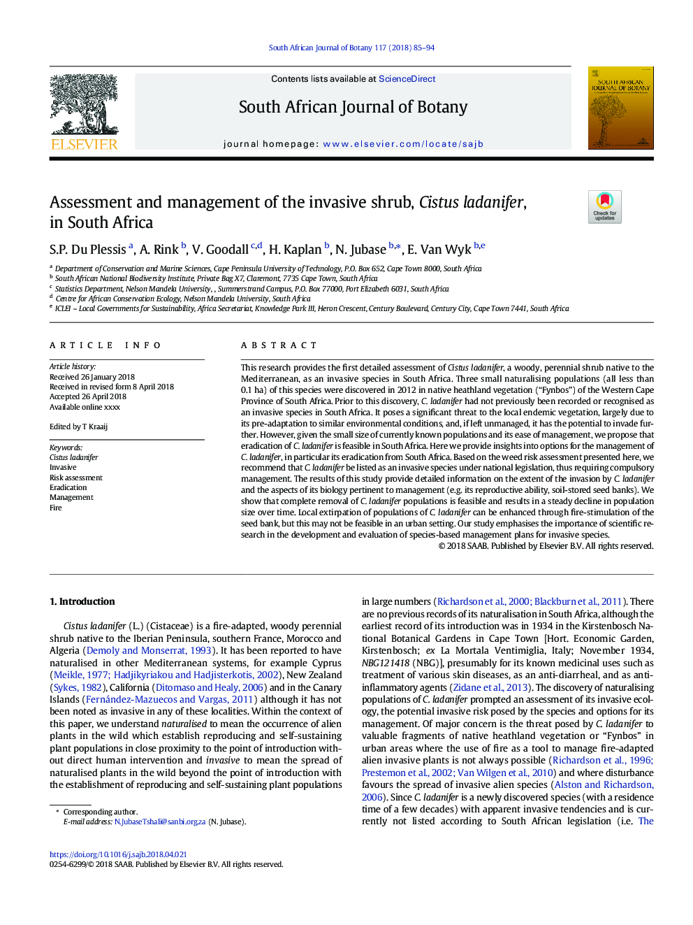 Assessment and management of the invasive shrub, Cistus ladanifer, in South Africa