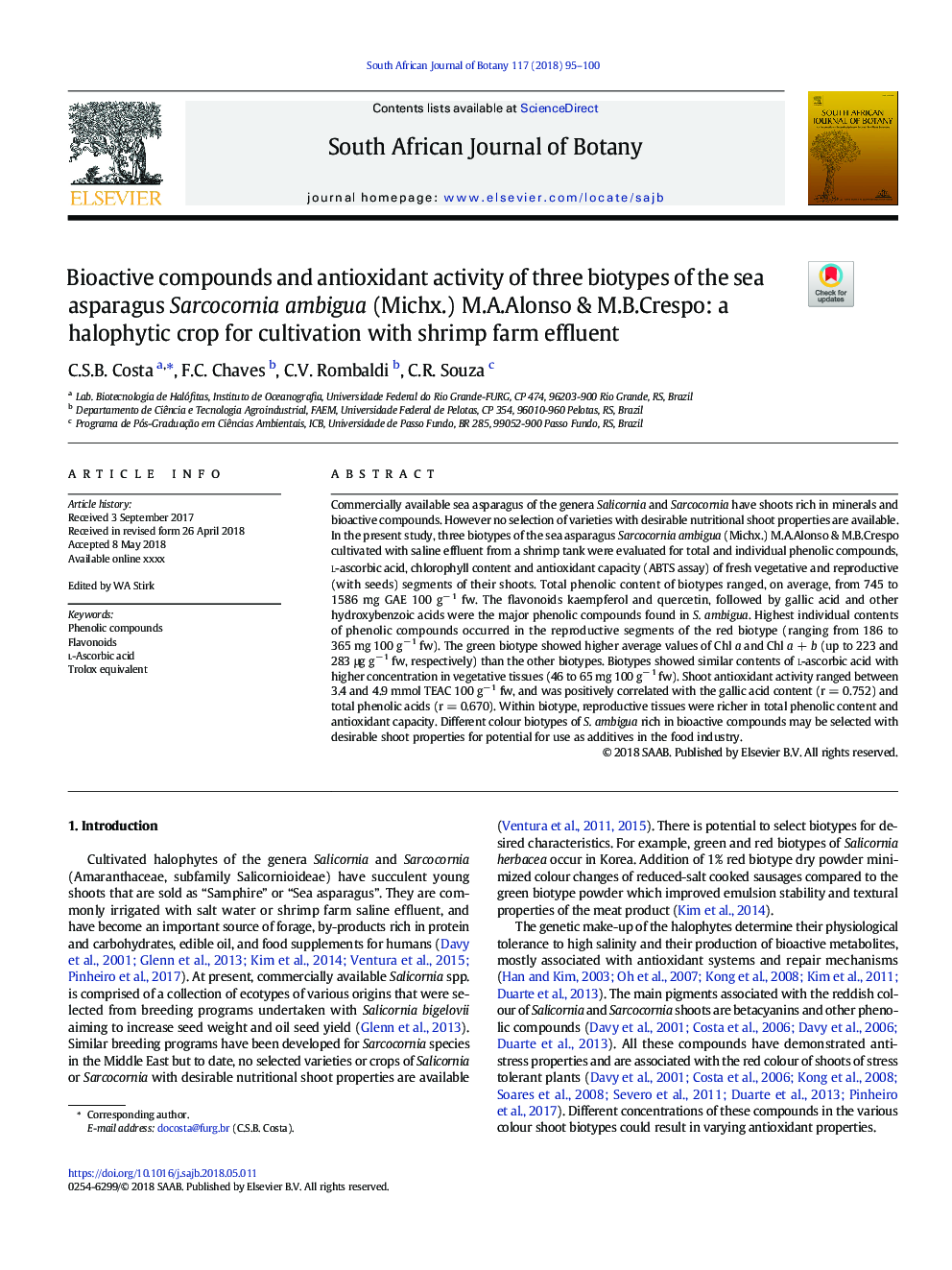 Bioactive compounds and antioxidant activity of three biotypes of the sea asparagus Sarcocornia ambigua (Michx.) M.A.Alonso & M.B.Crespo: a halophytic crop for cultivation with shrimp farm effluent