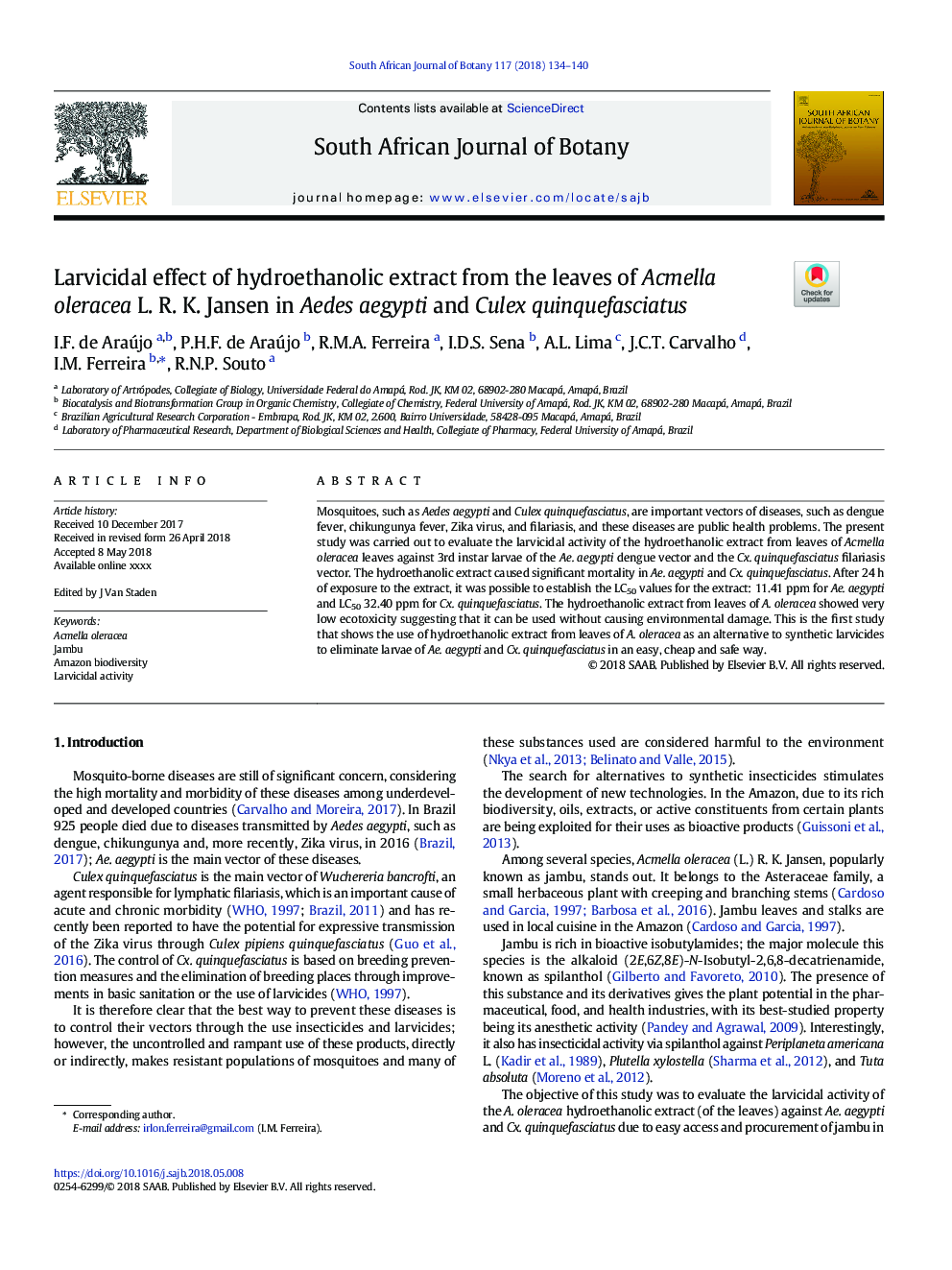 Larvicidal effect of hydroethanolic extract from the leaves of Acmella oleracea L. R. K. Jansen in Aedes aegypti and Culex quinquefasciatus