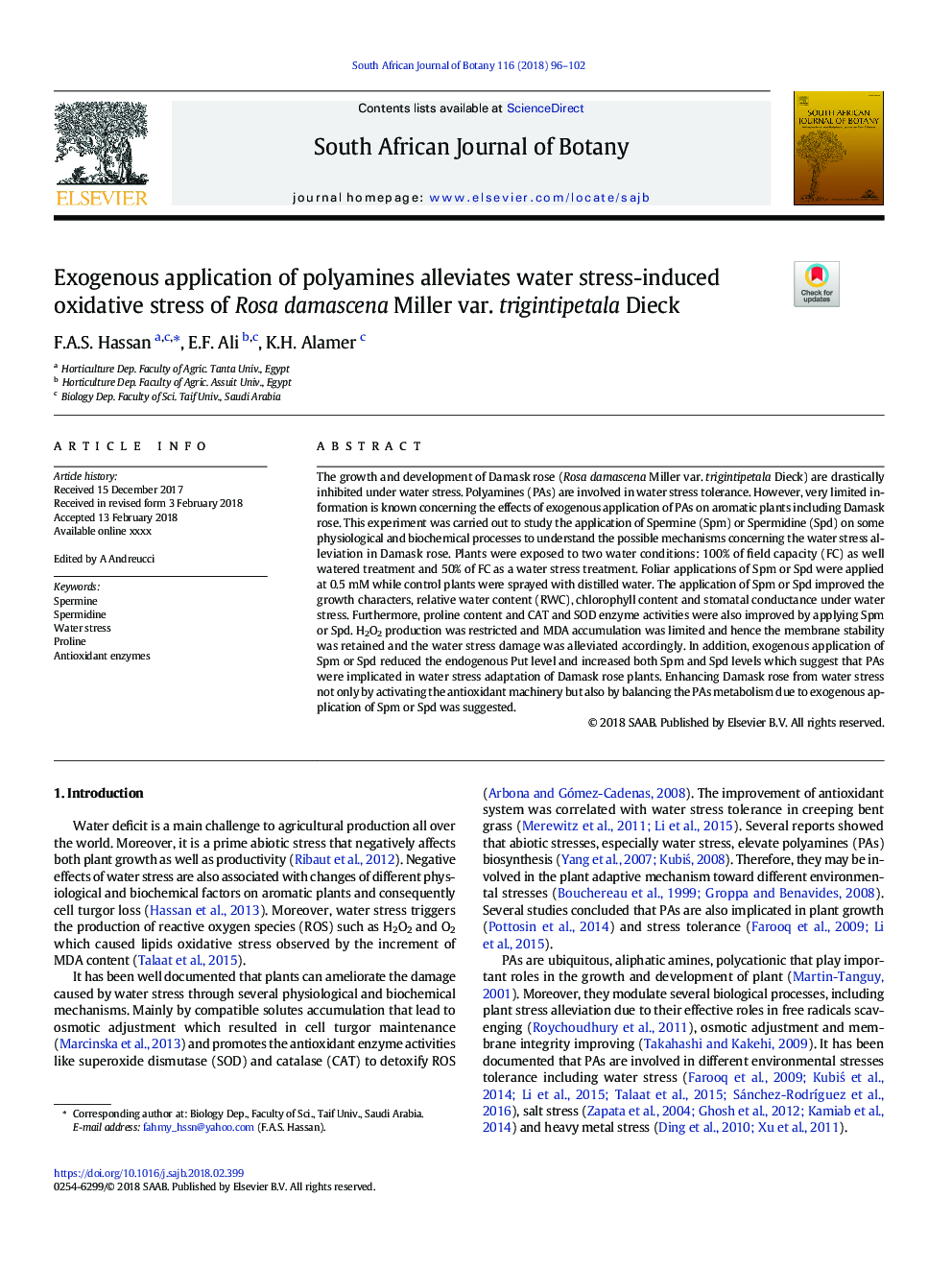 Exogenous application of polyamines alleviates water stress-induced oxidative stress of Rosa damascena Miller var. trigintipetala Dieck