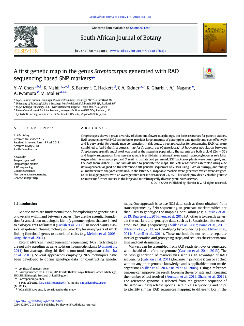 A first genetic map in the genus Streptocarpus generated with RAD sequencing based SNP markers