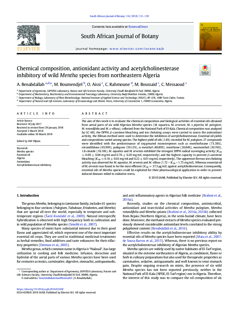 Chemical composition, antioxidant activity and acetylcholinesterase inhibitory of wild Mentha species from northeastern Algeria