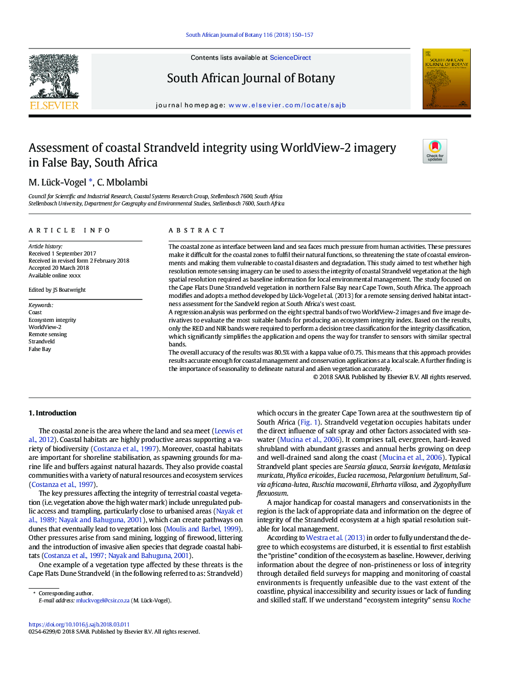 Assessment of coastal Strandveld integrity using WorldView-2 imagery in False Bay, South Africa