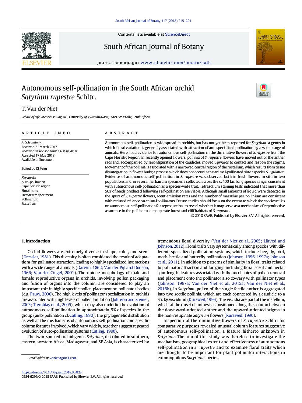 Autonomous self-pollination in the South African orchid Satyrium rupestre Schltr.