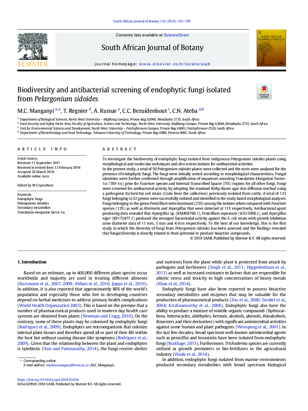 Biodiversity and antibacterial screening of endophytic fungi isolated from Pelargonium sidoides
