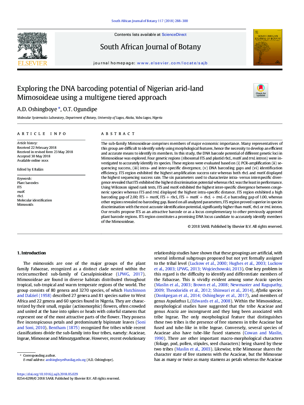 Exploring the DNA barcoding potential of Nigerian arid-land Mimosoideae using a multigene tiered approach