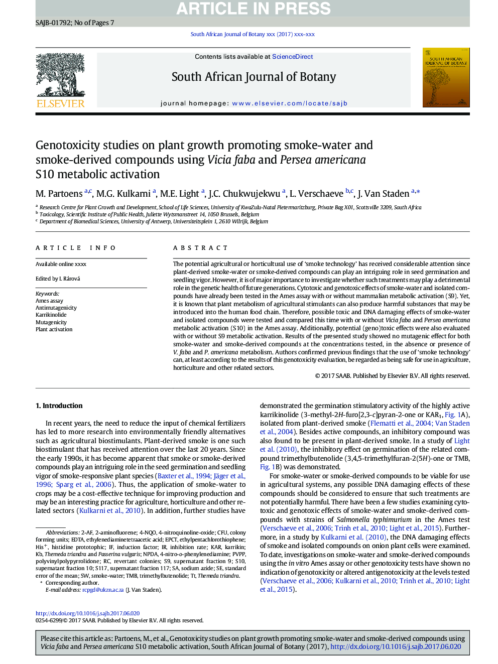 Genotoxicity studies on plant growth promoting smoke-water and smoke-derived compounds using Vicia faba and Persea americana S10 metabolic activation