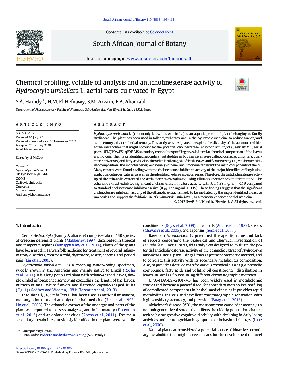 Chemical profiling, volatile oil analysis and anticholinesterase activity of Hydrocotyle umbellata L. aerial parts cultivated in Egypt