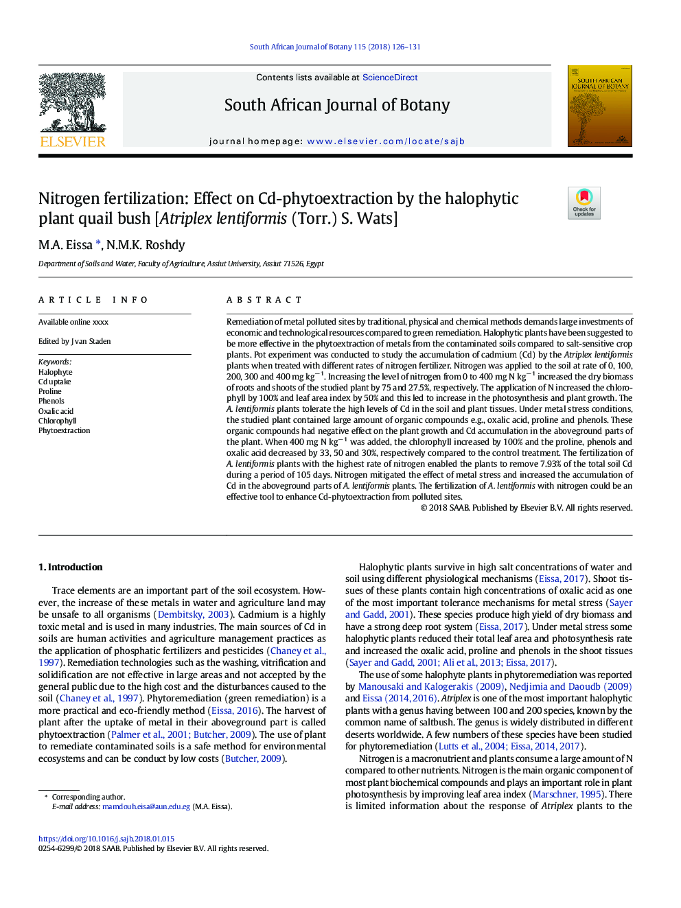 Nitrogen fertilization: Effect on Cd-phytoextraction by the halophytic plant quail bush [Atriplex lentiformis (Torr.) S. Wats]