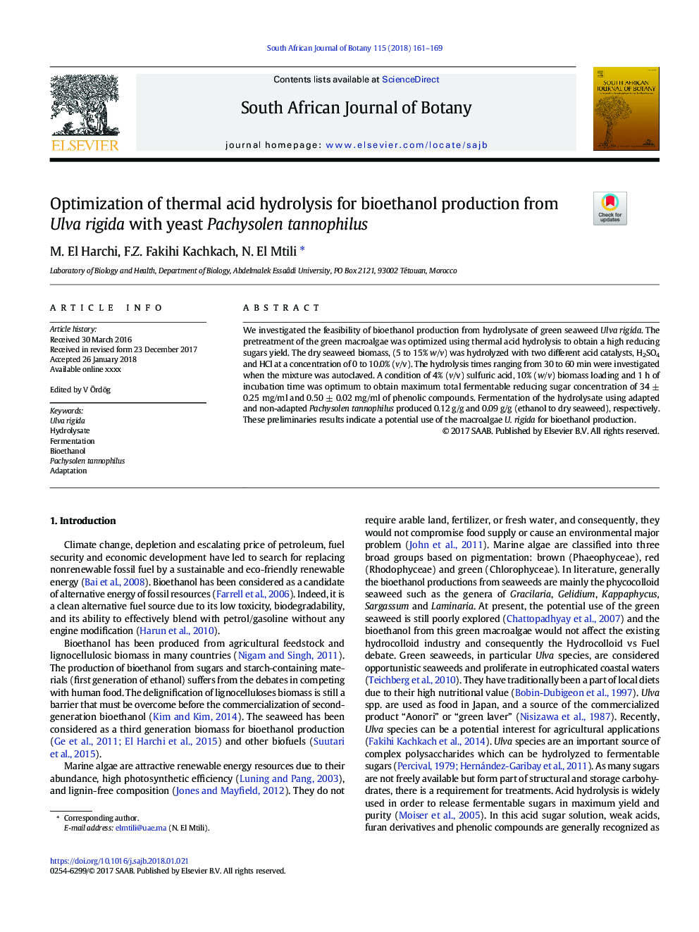 Optimization of thermal acid hydrolysis for bioethanol production from Ulva rigida with yeast Pachysolen tannophilus