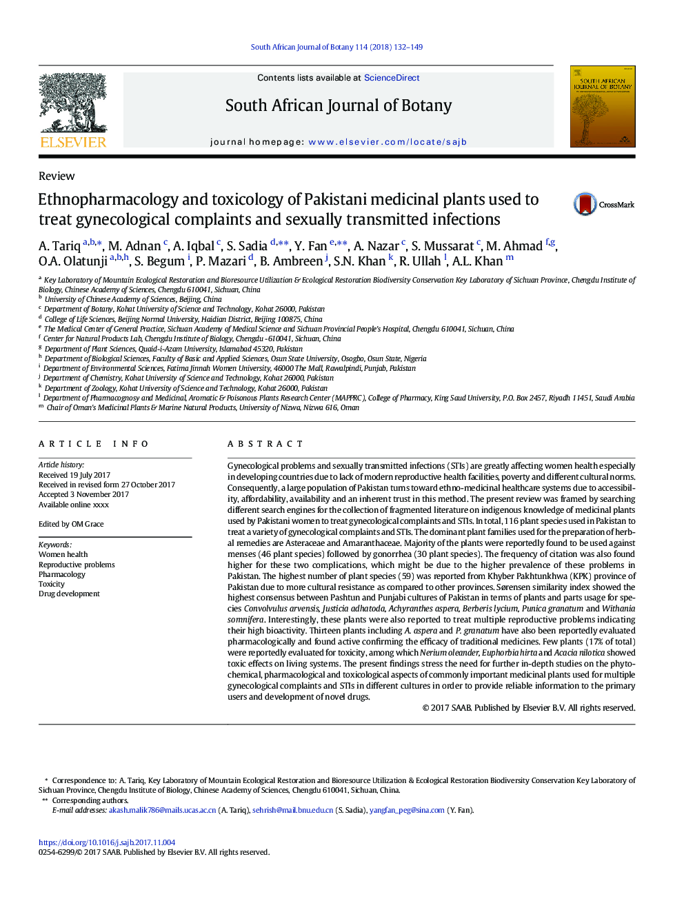 Ethnopharmacology and toxicology of Pakistani medicinal plants used to treat gynecological complaints and sexually transmitted infections