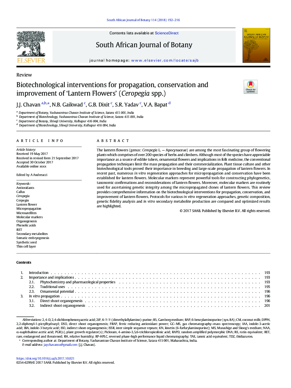 Biotechnological interventions for propagation, conservation and improvement of 'Lantern Flowers' (Ceropegia spp.)