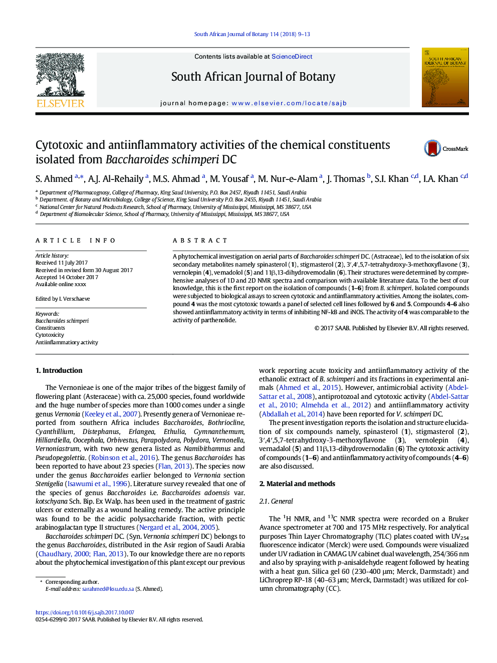 Cytotoxic and antiinflammatory activities of the chemical constituents isolated from Baccharoides schimperi DC