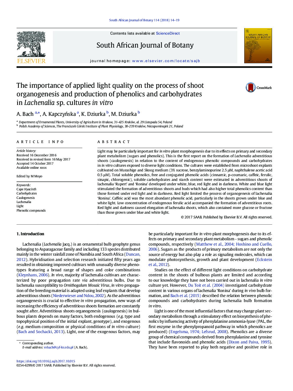 The importance of applied light quality on the process of shoot organogenesis and production of phenolics and carbohydrates in Lachenalia sp. cultures in vitro