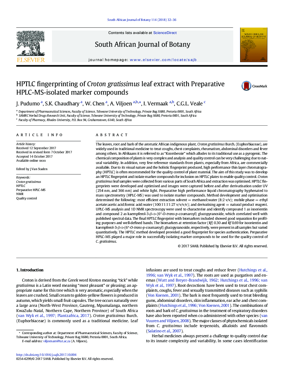 HPTLC fingerprinting of Croton gratissimus leaf extract with Preparative HPLC-MS-isolated marker compounds