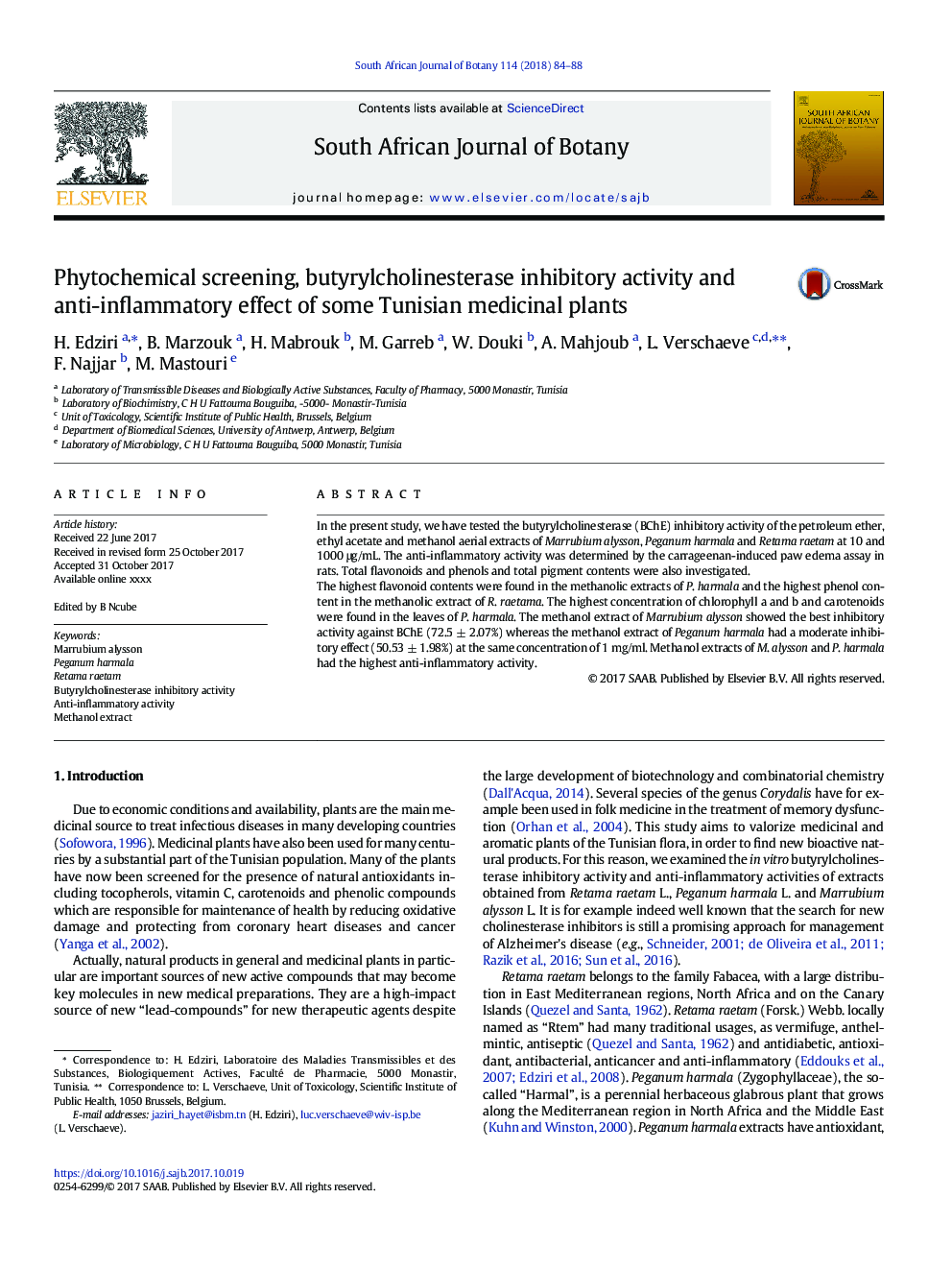 Phytochemical screening, butyrylcholinesterase inhibitory activity and anti-inflammatory effect of some Tunisian medicinal plants