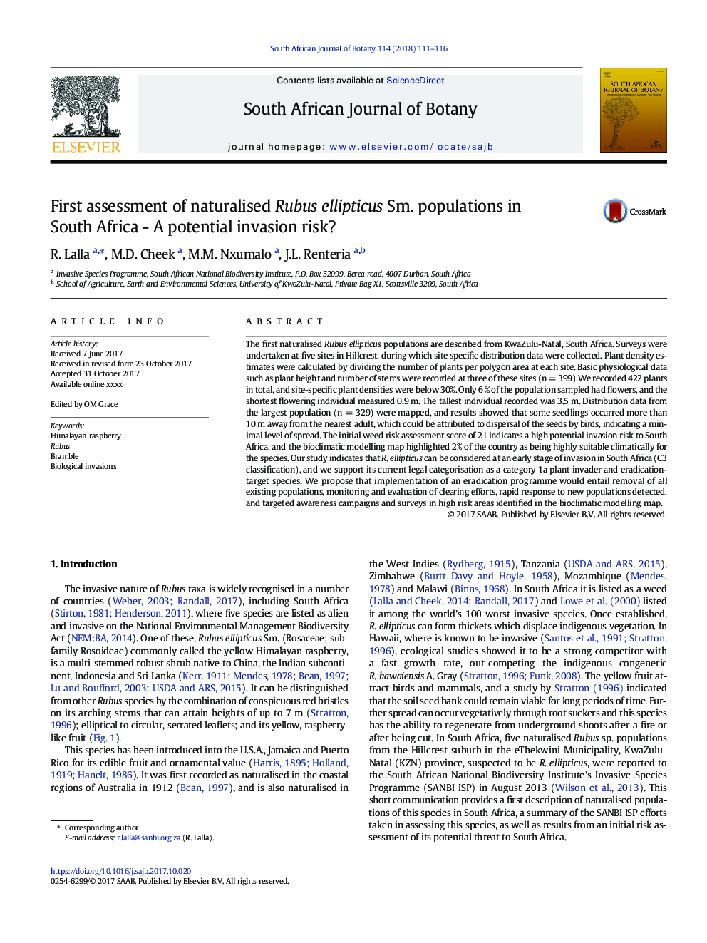 First assessment of naturalised Rubus ellipticus Sm. populations in South Africa - A potential invasion risk?