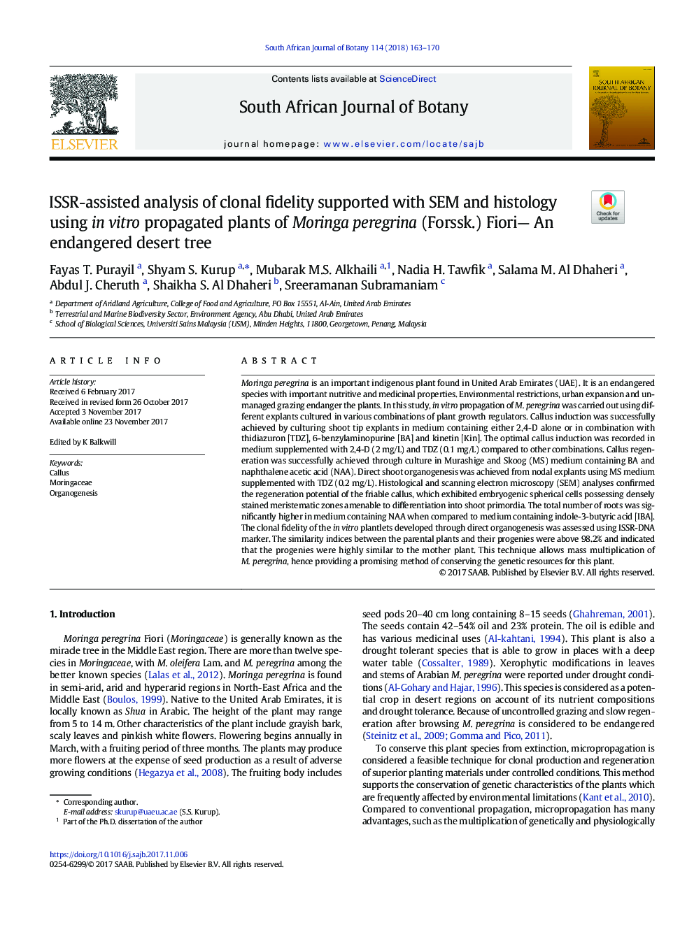 ISSR-assisted analysis of clonal fidelity supported with SEM and histology using in vitro propagated plants of Moringa peregrina (Forssk.)Â Fiori- An endangered desert tree