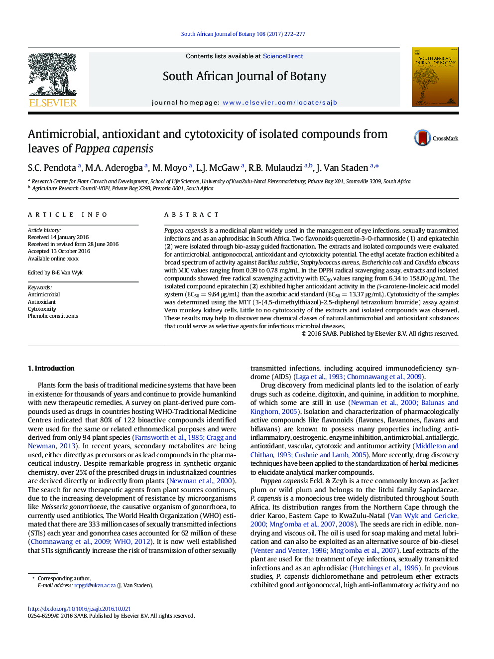 Antimicrobial, antioxidant and cytotoxicity of isolated compounds from leaves of Pappea capensis