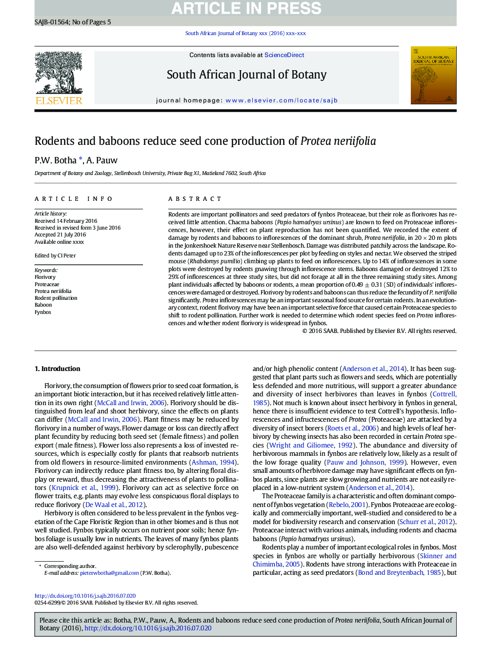 Rodents and baboons reduce seed cone production of Protea neriifolia