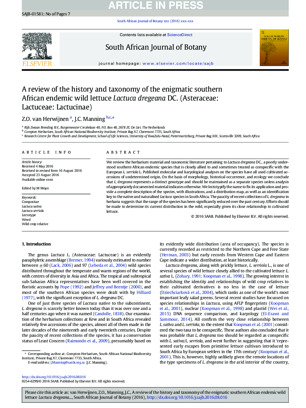 A review of the history and taxonomy of the enigmatic southern African endemic wild lettuce Lactuca dregeana DC. (Asteraceae: Lactuceae: Lactucinae)