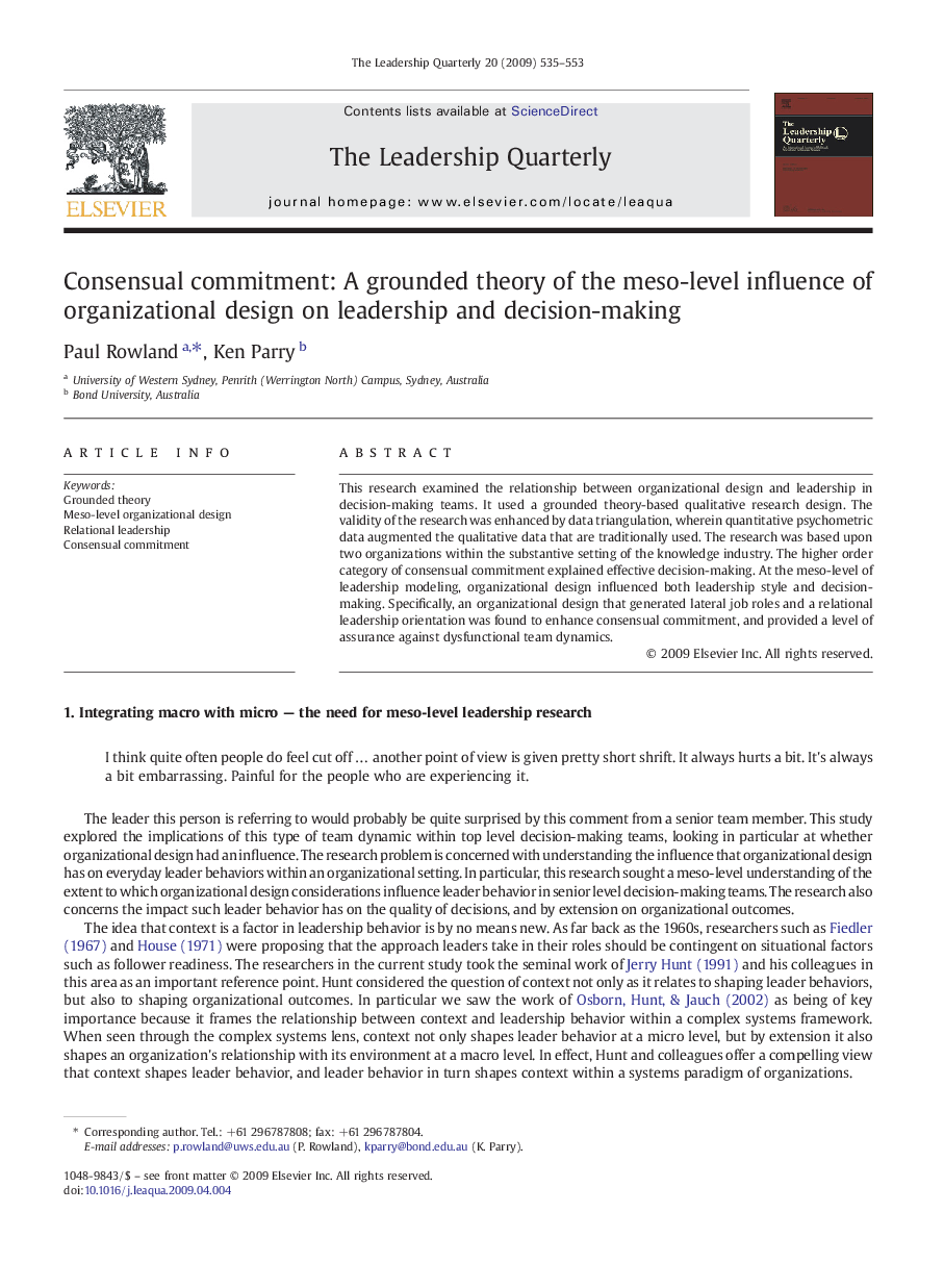 Consensual commitment: A grounded theory of the meso-level influence of organizational design on leadership and decision-making