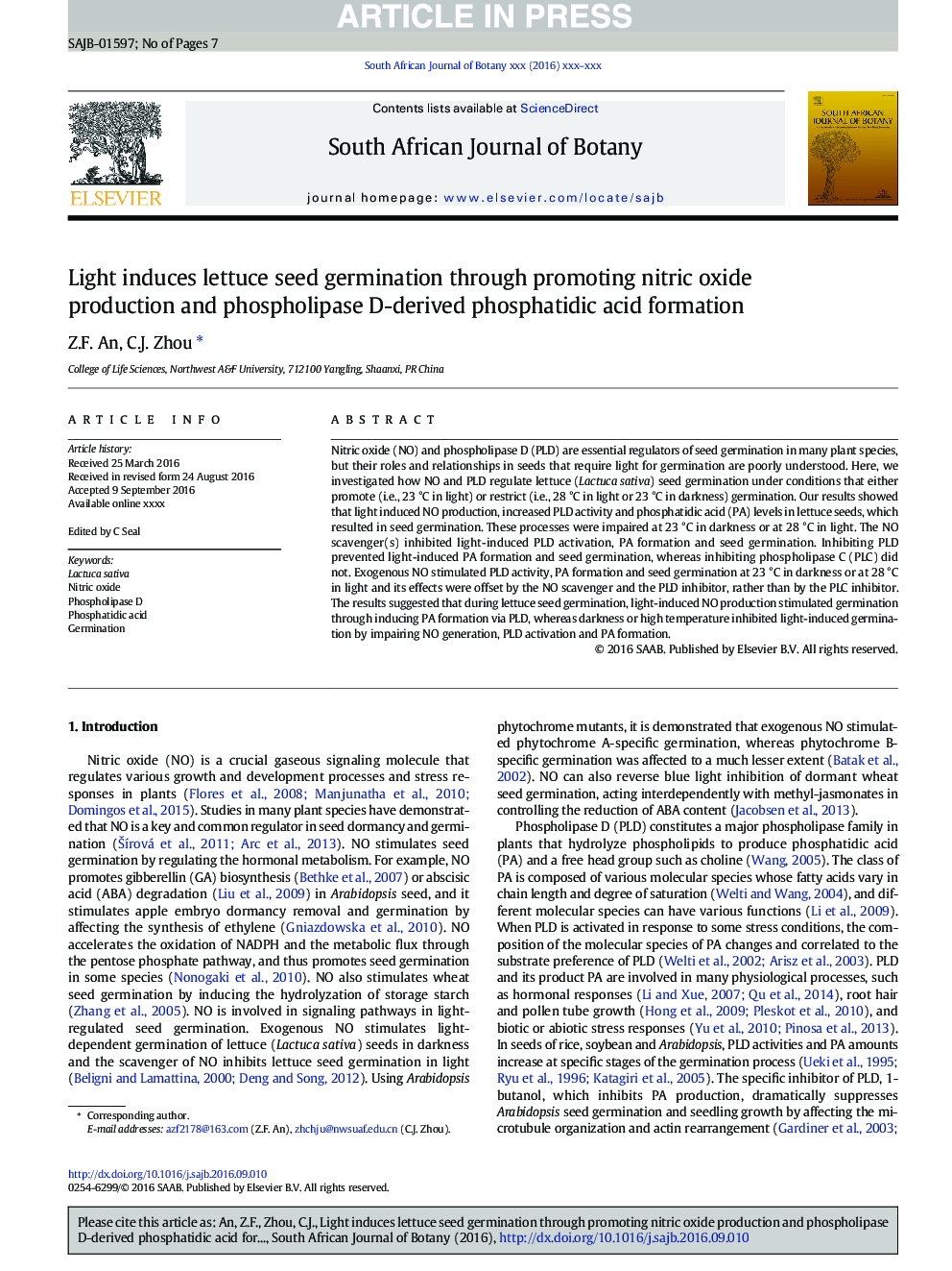 Light induces lettuce seed germination through promoting nitric oxide production and phospholipase D-derived phosphatidic acid formation