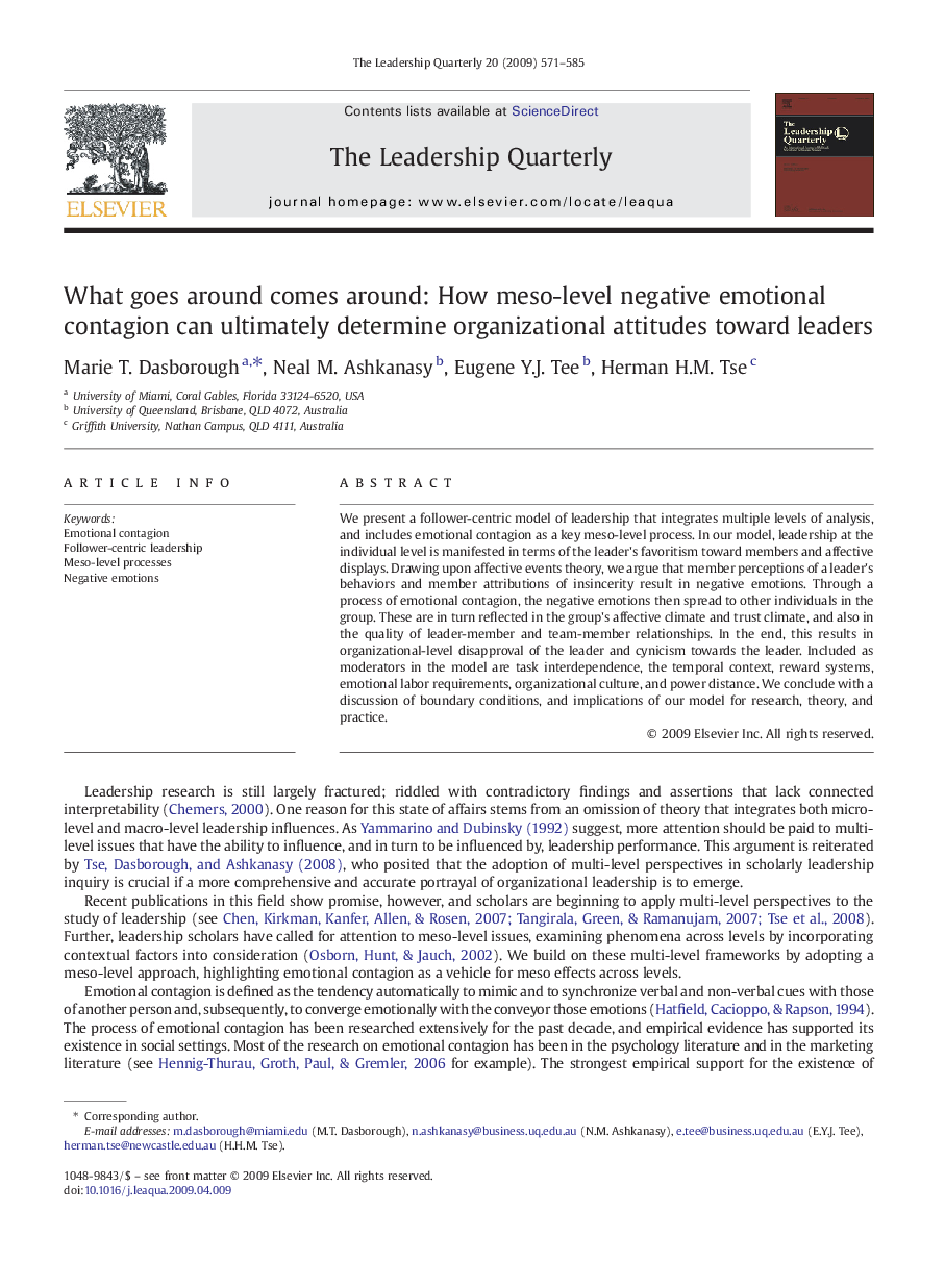 What goes around comes around: How meso-level negative emotional contagion can ultimately determine organizational attitudes toward leaders