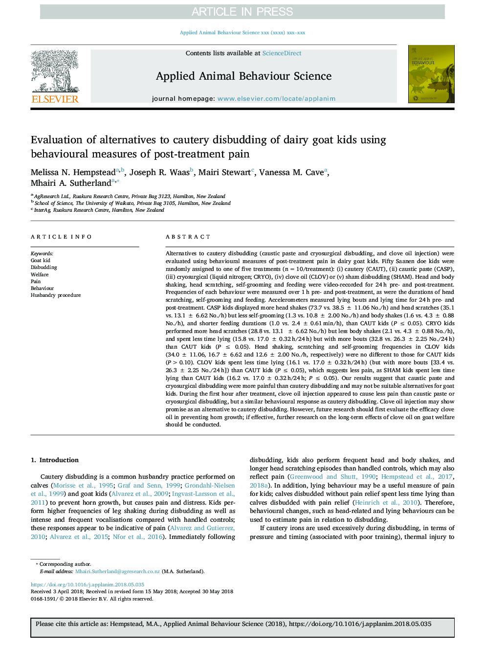 Evaluation of alternatives to cautery disbudding of dairy goat kids using behavioural measures of post-treatment pain