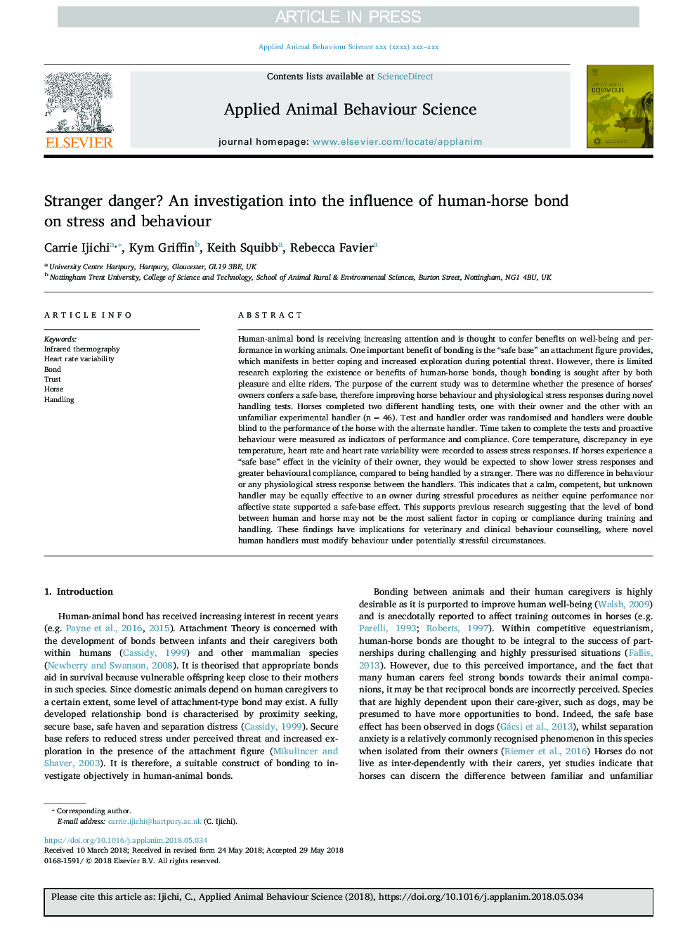 Stranger danger? An investigation into the influence of human-horse bond on stress and behaviour