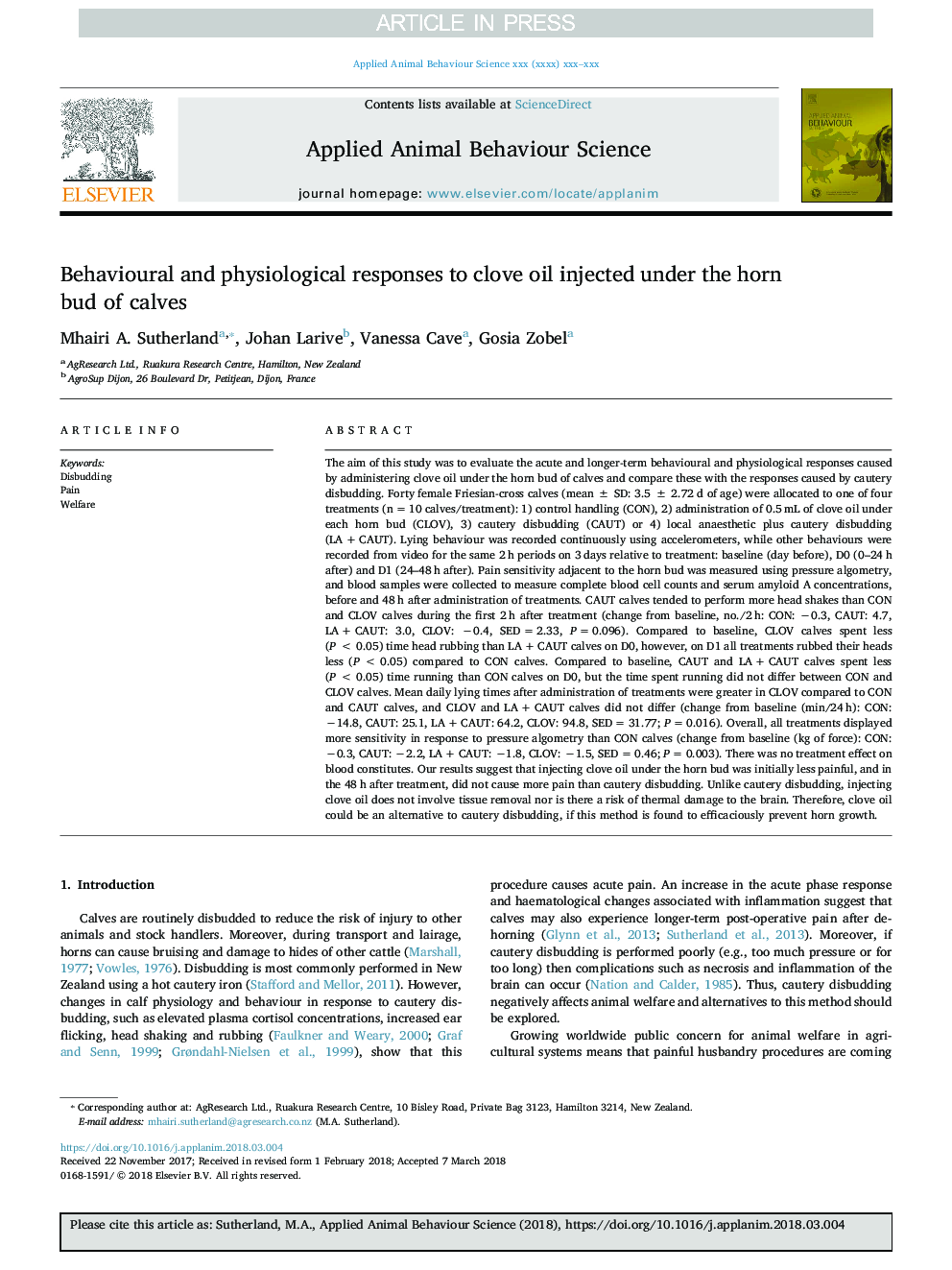 Behavioural and physiological responses to clove oil injected under the horn bud of calves