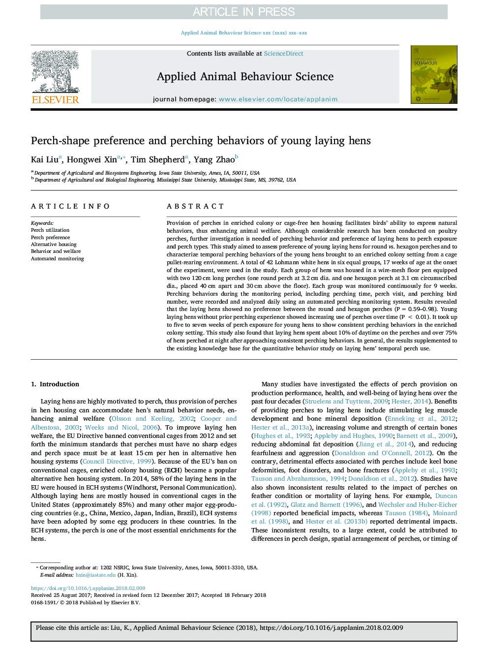 Perch-shape preference and perching behaviors of young laying hens