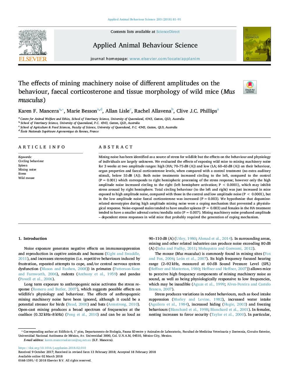 The effects of mining machinery noise of different amplitudes on the behaviour, faecal corticosterone and tissue morphology of wild mice (Mus musculus)