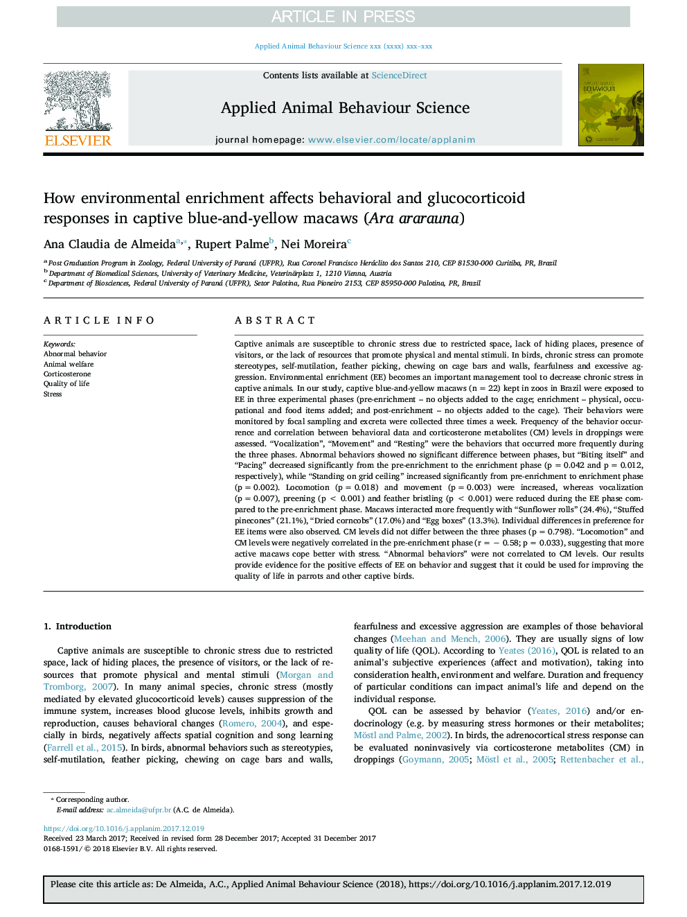 How environmental enrichment affects behavioral and glucocorticoid responses in captive blue-and-yellow macaws (Ara ararauna)