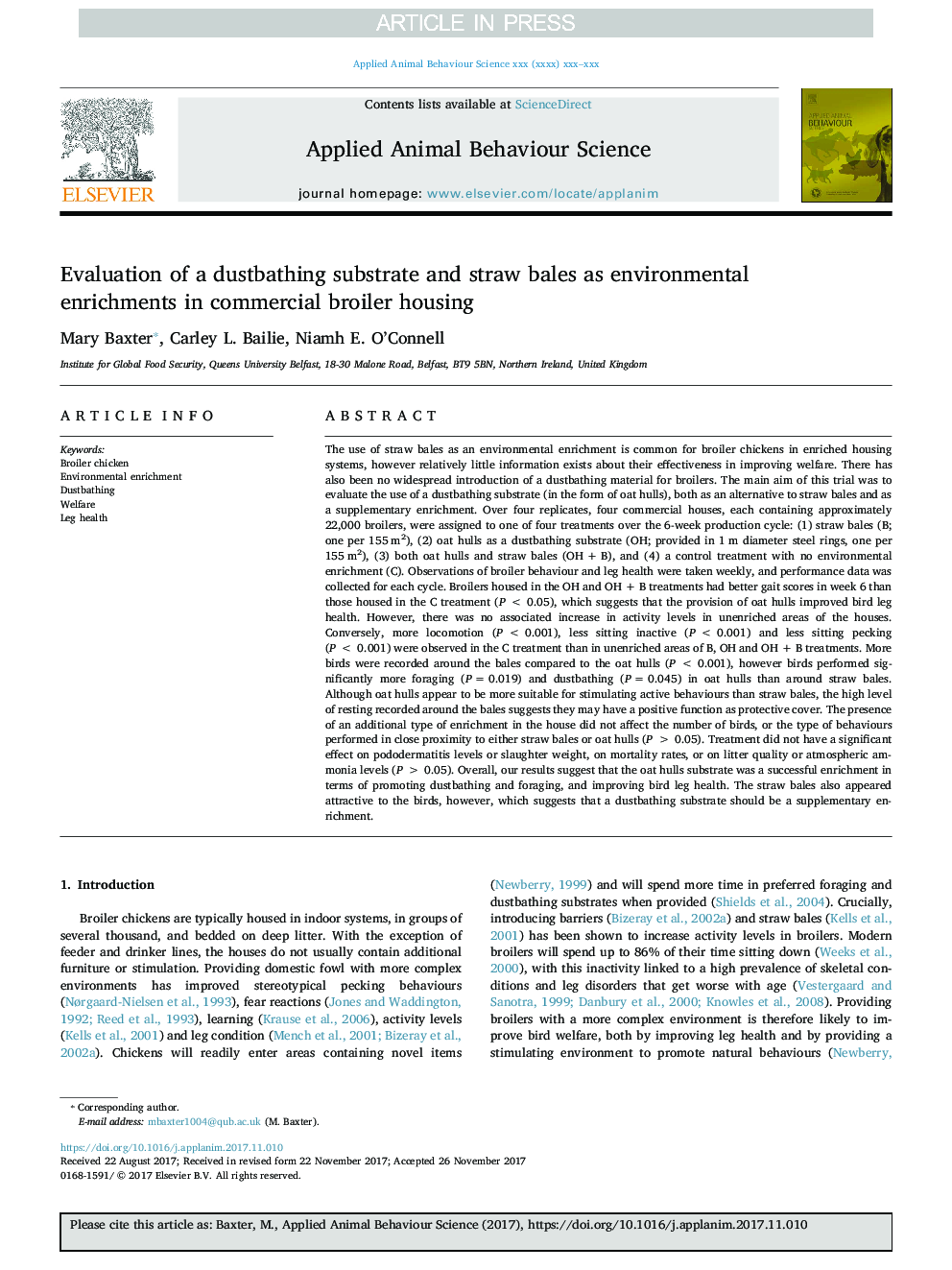 Evaluation of a dustbathing substrate and straw bales as environmental enrichments in commercial broiler housing