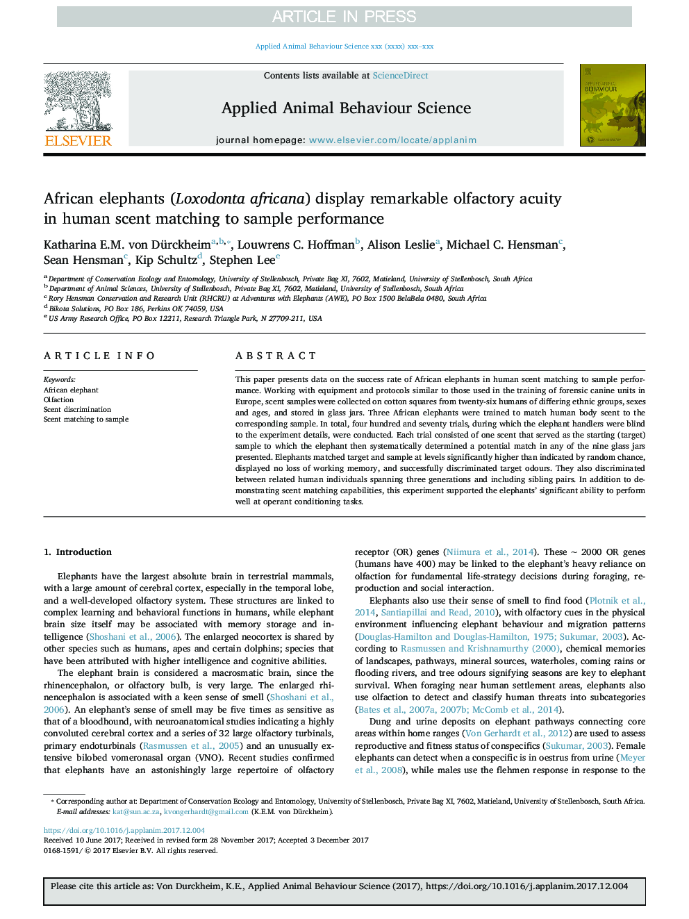 African elephants (Loxodonta africana) display remarkable olfactory acuity in human scent matching to sample performance