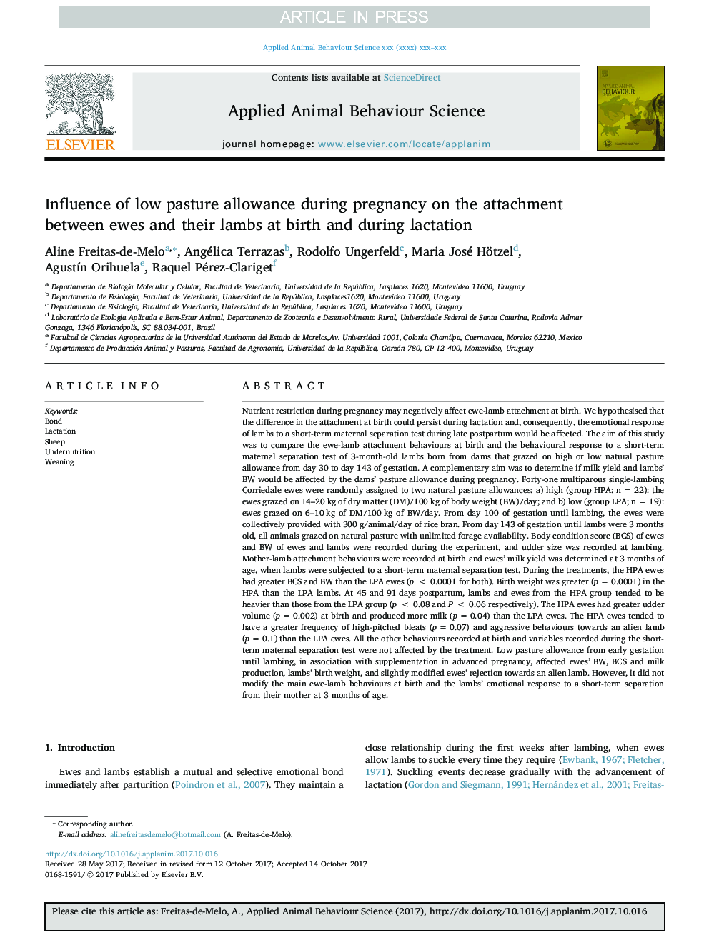 Influence of low pasture allowance during pregnancy on the attachment between ewes and their lambs at birth and during lactation