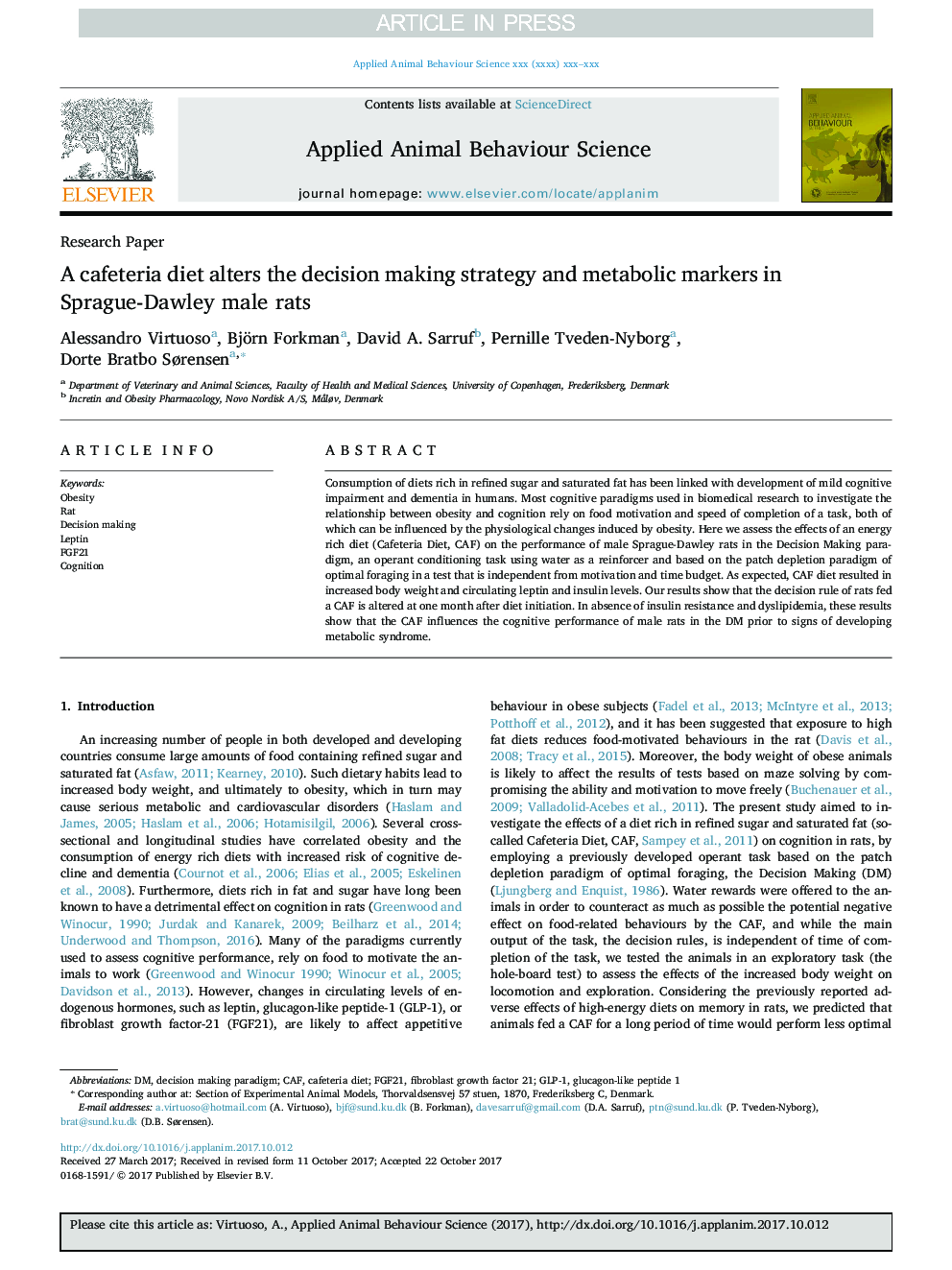 A cafeteria diet alters the decision making strategy and metabolic markers in Sprague-Dawley male rats