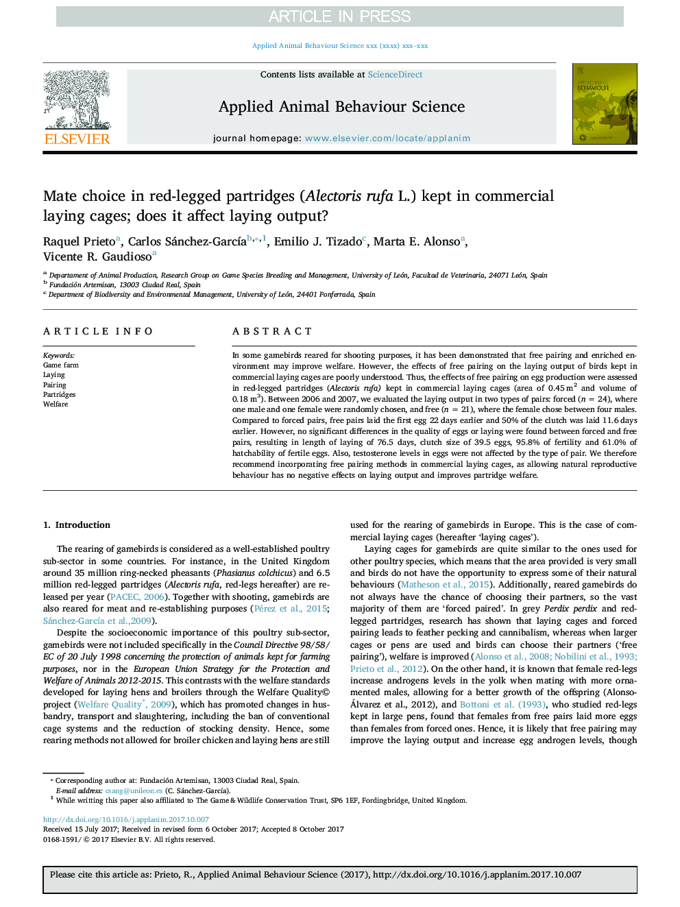 Mate choice in red-legged partridges (Alectoris rufa L.) kept in commercial laying cages; does it affect laying output?