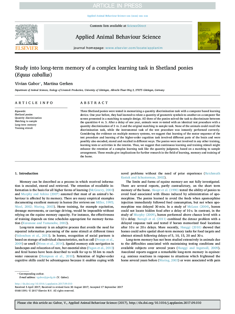 Study into long-term memory of a complex learning task in Shetland ponies (Equus caballus)